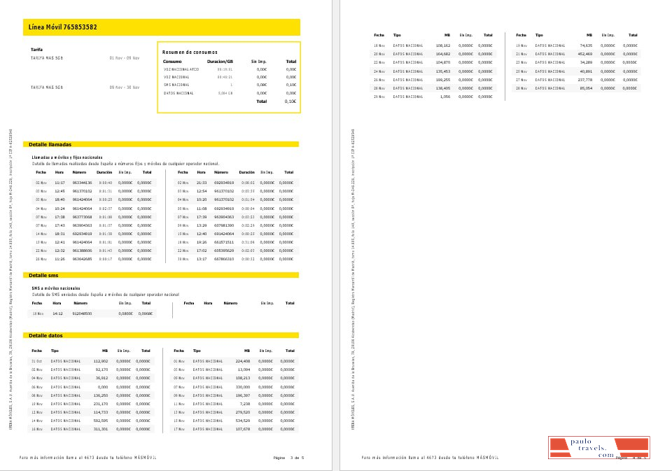 Spain Masmovil internet and mobile utility  bill Word and PDF formats, 5 pages.